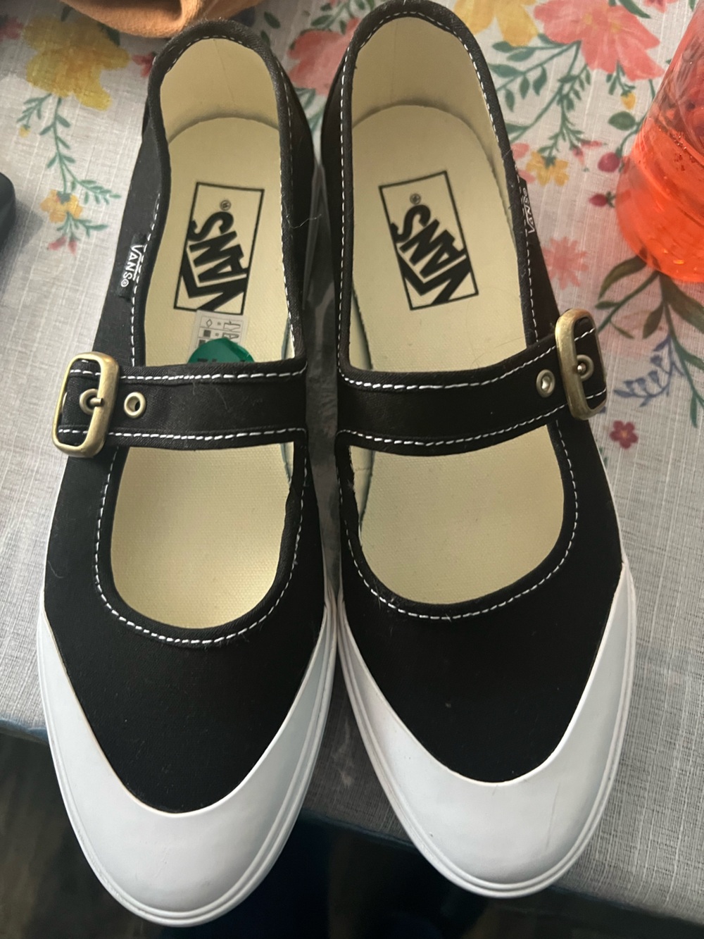 Vans Black Mary Jane Canvas Flats with White Toe Cap
